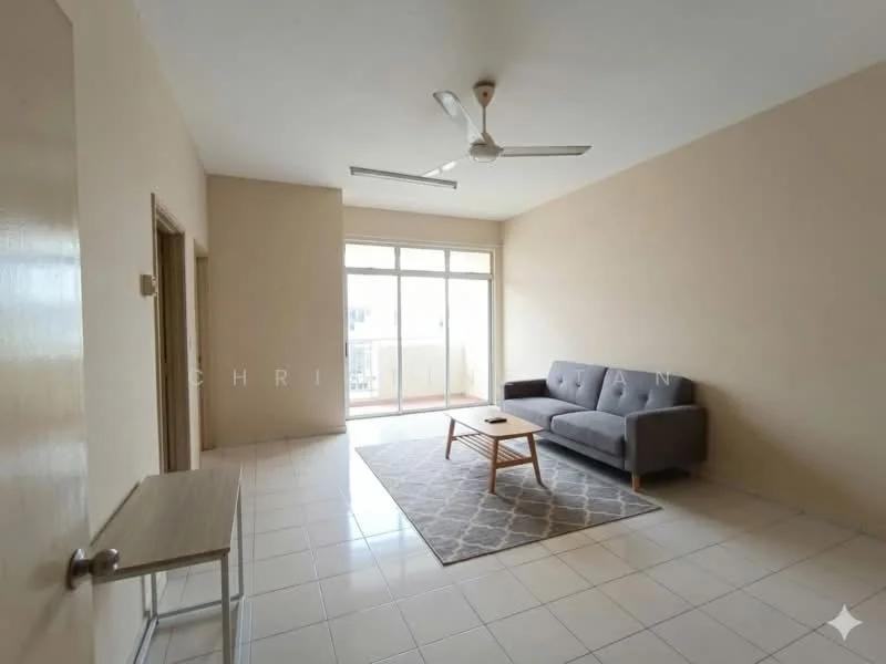Living features: grey fabric sofa, coffee table, area rug with geometric pattern, floor-to-ceiling windows, sliding glass door, white painted walls, tile flooring, ceiling fan; style: modern.