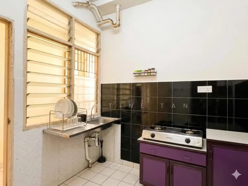 Kitchen features: double-bowl stainless-steel sink, chrome pull-down faucet, black tiled backsplash, purple cabinetry, gas stove with two burners, white tiled flooring, window with horizontal slats, wall-mounted shelves.