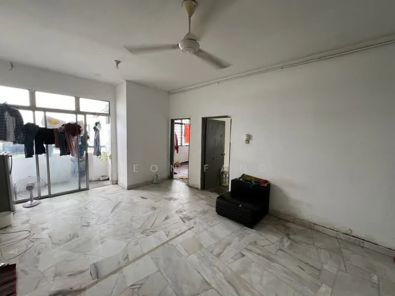 Room features: white painted walls, marble flooring, ceiling fan, floor-to-ceiling windows, sliding glass door, curtains, clothes hanging on a line, open layout; style: minimalist.