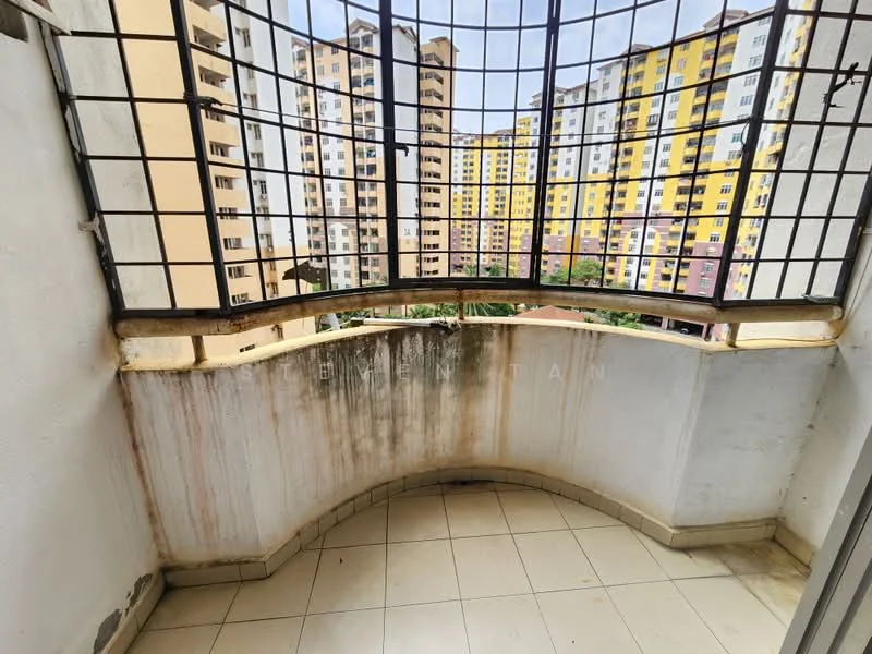 Balcony features: tiled flooring, curved balcony shape, metal railing, exposed concrete walls, city view, water stains on walls; view: city.
