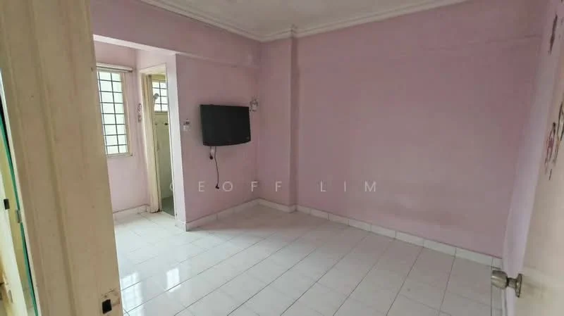 Room features: pink painted walls, white tiled flooring, ceiling with crown moulding, wall-mounted TV, window with grille, doorway leading to another room.