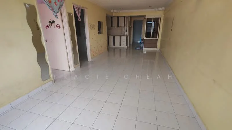 Room features: white painted walls, glossy white tile flooring, ceiling with recessed lighting, open layout, multiple doorways, mirror on wall, decorative wall decals, built-in cabinetry in background.