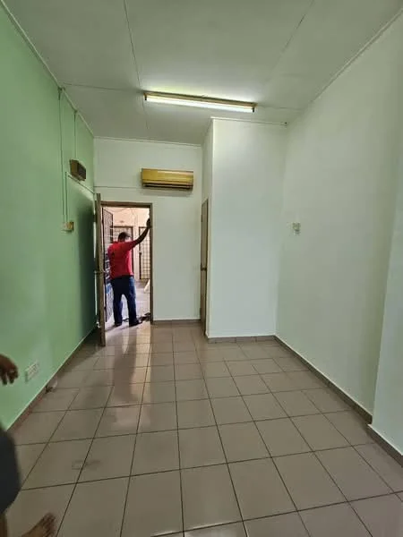 Room features: green painted walls, white painted walls, tile flooring, 1 wall-mounted split AC, ceiling lights, doorway leading to another room, window with natural light, neutral color scheme.