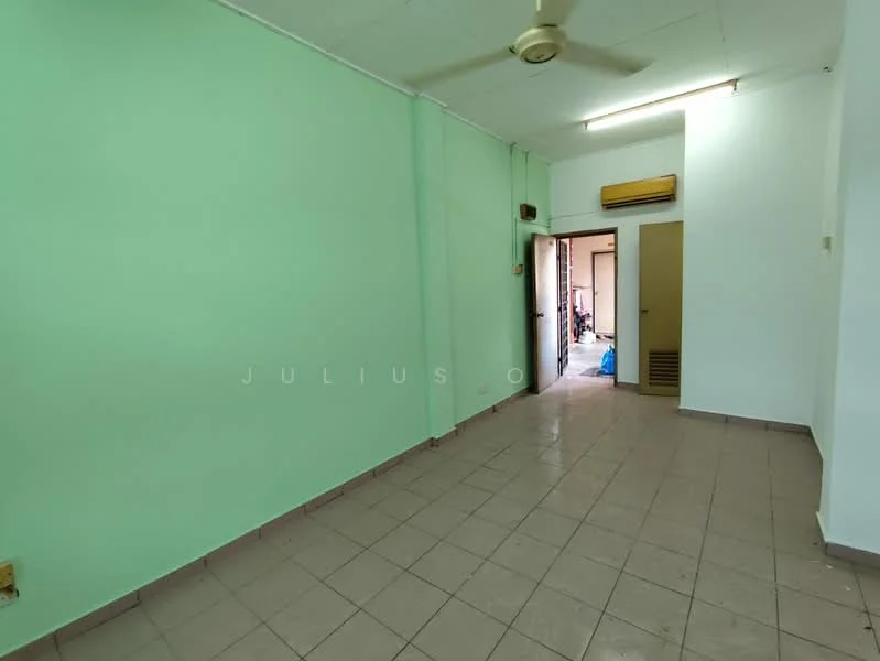 Room features: green painted walls, tile flooring, ceiling fan, doorway leading to another room, air conditioning unit, light fixture on ceiling.
