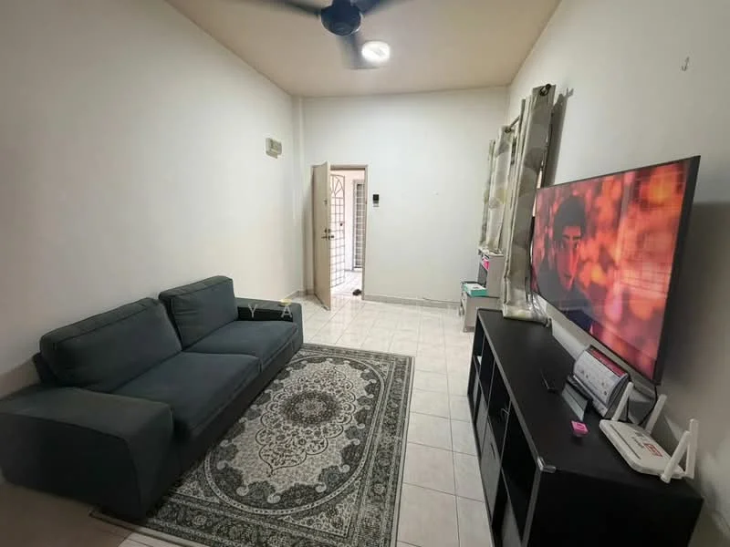 Living features: 3-seater fabric sofa in grey, area rug with intricate pattern, wall-mounted TV, TV console in black, white painted walls, ceramic tile flooring, ceiling fan, curtains on windows, light fixture on ceiling; style: modern.