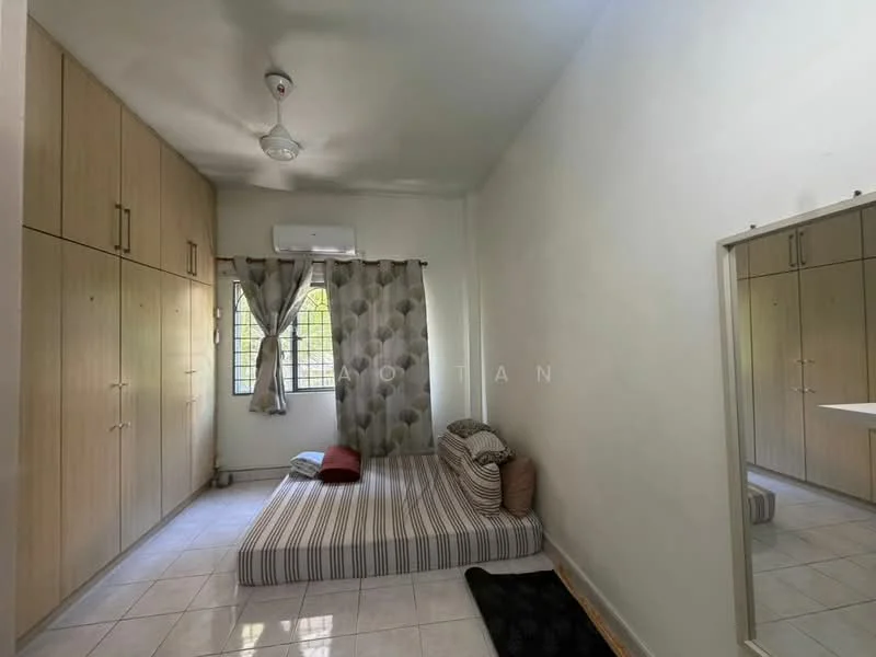 Bedroom features: built-in wardrobes with wooden finish, single mattress on striped bedding, floor-to-ceiling window with sheer curtains, wall-mounted air conditioning unit, ceiling fan, mirror on wall, tiled flooring, neutral painted walls; style: minimalist; view: garden.