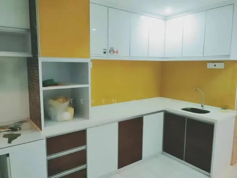 Kitchen features: white cabinetry with flat-panel doors, yellow accent wall, white countertop, single-bowl stainless-steel sink, chrome faucet, open shelving, brown lower cabinetry, tile flooring; style: modern.
