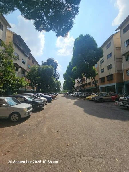 Exterior type: low-rise apartment block; features: two-storey buildings, parking lot with multiple cars, manicured trees lining the street, asphalt road, clear blue sky, surrounding greenery; style: traditional.