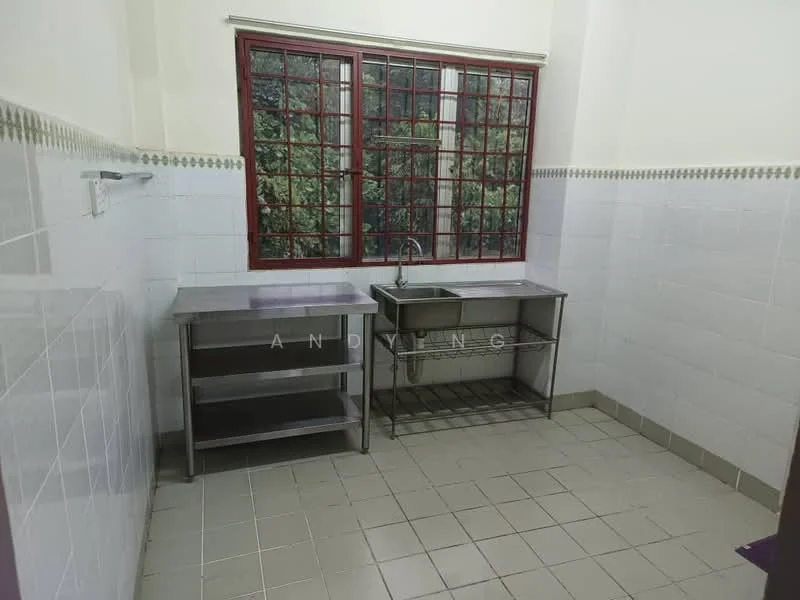Kitchen features: stainless-steel sink, chrome faucet, stainless-steel countertop, metal shelving unit, white tiled walls, grey tiled flooring, red-framed windows, greenery view outside window; view: garden.
