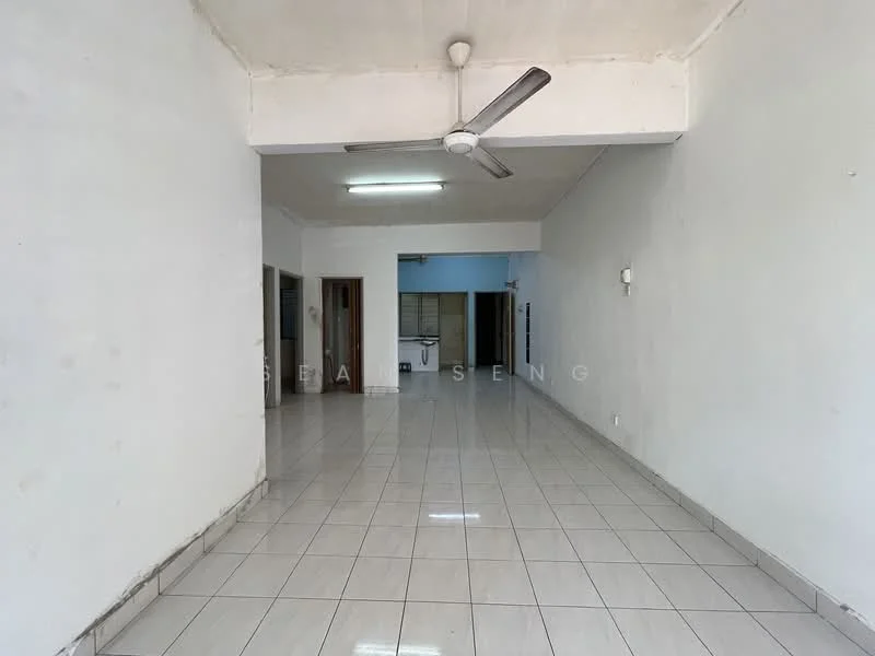 Room features: white painted walls, glossy ceramic tile flooring, ceiling with fluorescent lighting, ceiling fan, open layout, large space, no visible furniture, neutral color scheme; style: minimalist.