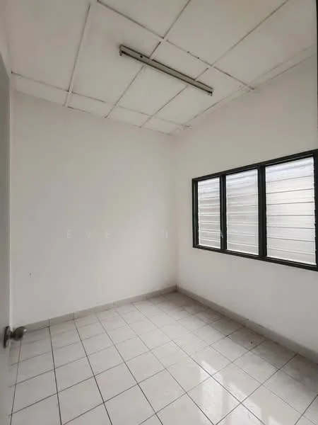 Room features: white painted walls, plain ceiling, fluorescent light fixture, tile flooring, two sliding windows, no visible furniture, empty space; style: minimalist.