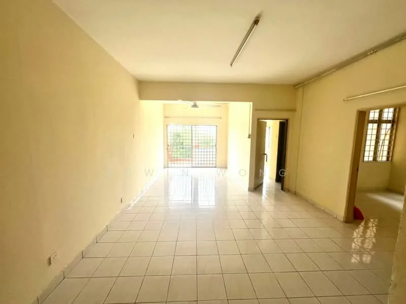 Living features: white painted walls, glossy white tile flooring, ceiling lights, large windows with grid pattern, doorway leading to another room, doorway leading to outdoor area, neutral color scheme, open layout; view: garden.
