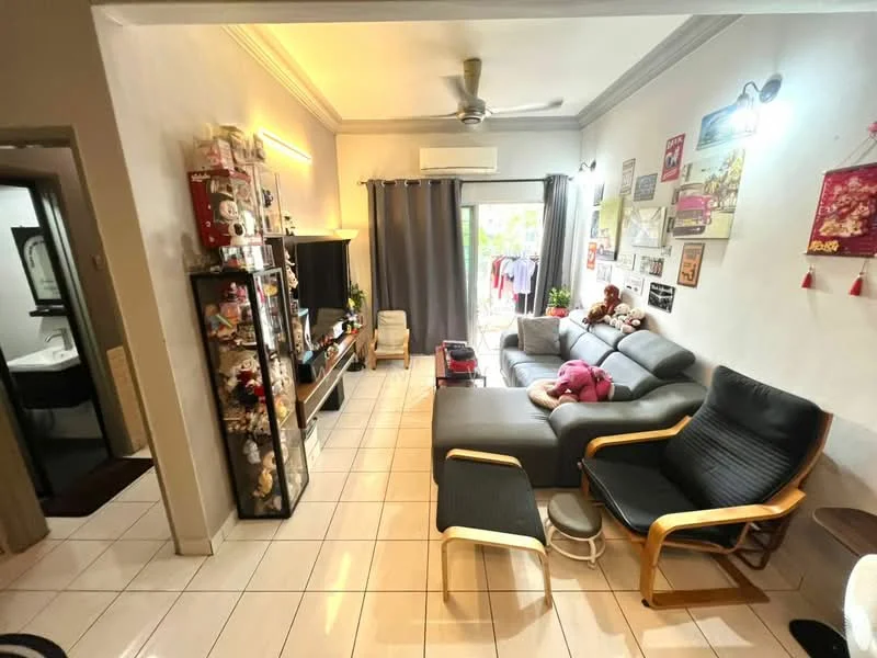 Living features: grey sectional sofa, black armchair, wooden coffee table, TV console, wall-mounted TV, decorative wall art, floor-to-ceiling windows, curtains, ceiling fan, recessed lighting, white painted walls, tile flooring; style: contemporary; view: garden. Room features: doorway leading to bathroom, light fixture.