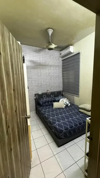 Bedroom features: queen-size bed with dark bedding, white painted walls, exposed brick accent wall, ceiling fan, wall-mounted air conditioning unit, window with grey blinds, tiled flooring, built-in wardrobe with wooden doors; style: modern.