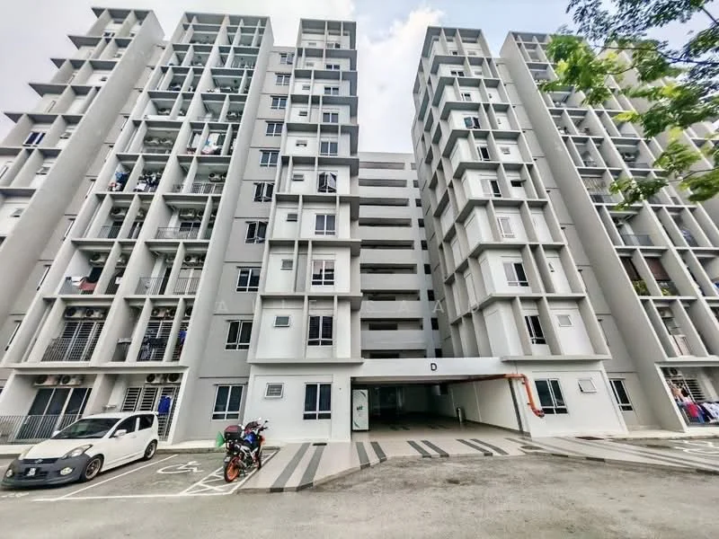 Exterior type: mid-rise condominium; features: grey painted facade, balconies with metal railings, multiple storeys, parking area in front, visible vehicles, entrance with covered awning; style: modern.