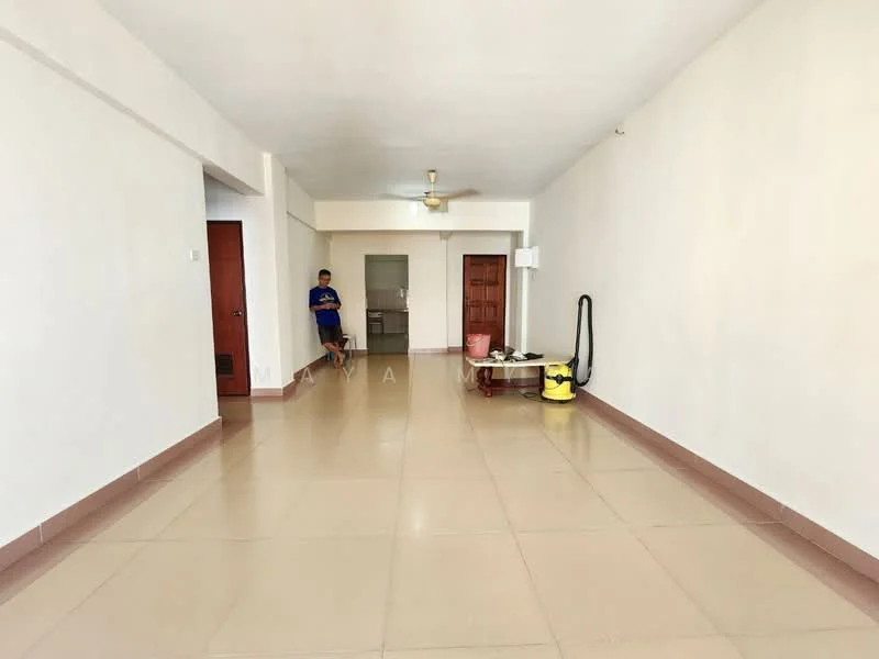 Room features: cream painted walls, tile flooring, ceiling fan, wooden door, door frame, vacuum cleaner, cleaning cart, light switch, window, open space; style: minimalist.