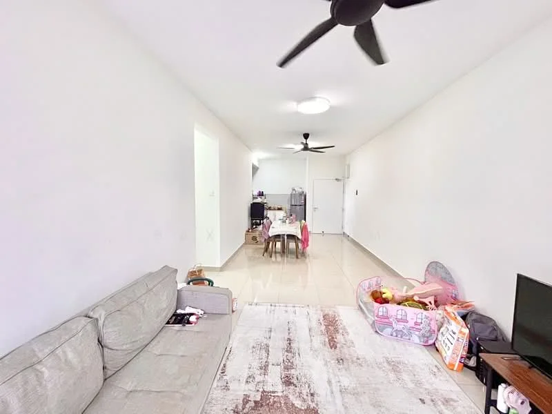 Living features: light grey fabric sofa, area rug with abstract pattern, wall-mounted TV, ceiling fan, white painted walls, tile flooring, recessed ceiling lights, dining table with chairs visible in background, toys and storage boxes visible; style: modern.