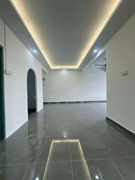 Room features: white painted walls, grey polished tile flooring, recessed LED downlights, cove lighting on ceiling, arched doorway, open layout, high ceiling, no visible furniture; style: modern.