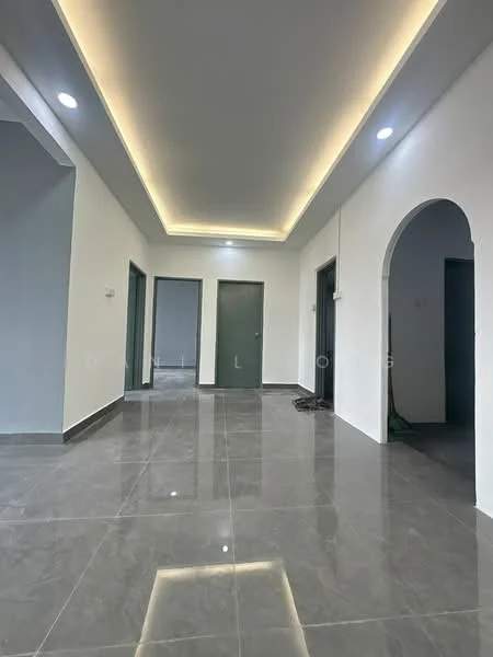 Room features: white painted walls, grey tiled flooring, recessed LED downlights, tray ceiling with ambient lighting, arched doorway, multiple doorways, clean modern design, open layout; style: modern.