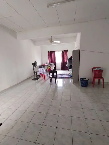 Room features: white painted walls, tile flooring, ceiling fan, large window with red curtains, dining table with tablecloth, plastic chairs in red, standing fan, storage cabinet, laundry basket; style: minimalist.