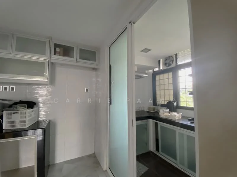 Kitchen features: white cabinetry with glass fronts, black countertop, stainless-steel sink, chrome pull-down faucet, tile backsplash, built-in oven, microwave, window with grid pattern, sliding glass door, grey tile flooring, open shelving, laundry basket, recessed lighting; style: modern; view: garden.