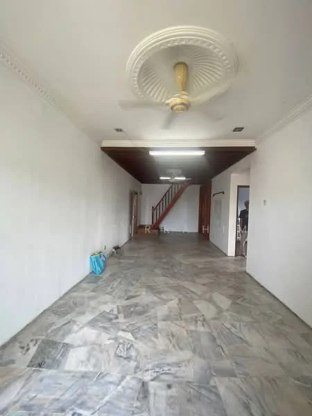 Living features: marble flooring, white painted walls, ceiling fan, staircase in background, recessed lighting, crown moulding.