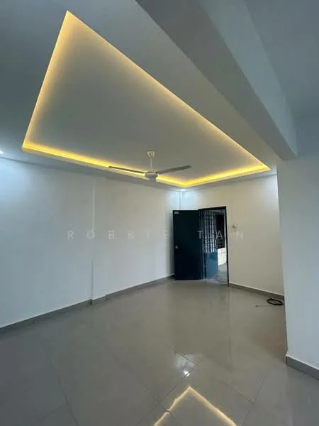 Room features: white painted walls, polished ceramic tile flooring, tray ceiling with LED lighting, ceiling fan, single door, metal security grille door, corner wall with no visible windows; style: modern.
