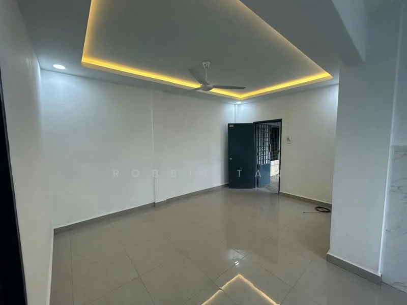Room features: white painted walls, grey tiled flooring, recessed LED downlights, 5-blade ceiling fan, doorway leading to another room, large window with security bars, corner with marble cladding, neutral color scheme; style: modern.