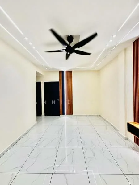 Room features: white painted walls, marble tile flooring, 5-blade ceiling fan, recessed LED downlights, wood accent wall, sliding door, crown moulding, neutral colour scheme; style: modern.
