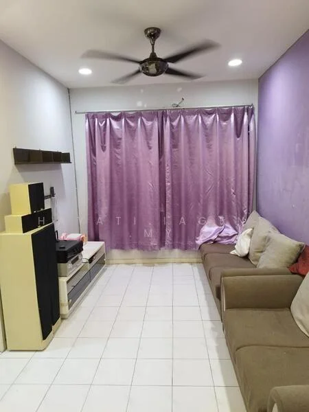 Living features: light grey painted walls, white tiled flooring, 5-blade ceiling fan with light, purple sheer curtains, sofa in beige, wooden shelving unit, TV console, decorative cushions; style: modern.