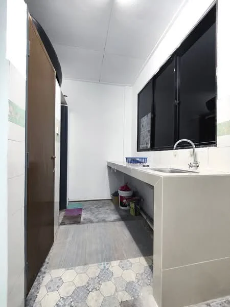 Laundry features: single-bowl stainless-steel sink, chrome pull-down faucet, white countertop, hexagonal tile flooring, white painted walls, large window with black frames, built-in cabinetry, laundry basket, cleaning supplies storage; style: modern.
