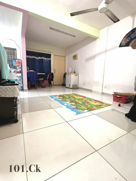 Room features: white painted walls, tile flooring, 5-blade ceiling fan, dining table with chairs, refrigerator, colorful area rug, window with curtain, basket, decorative wall fan.