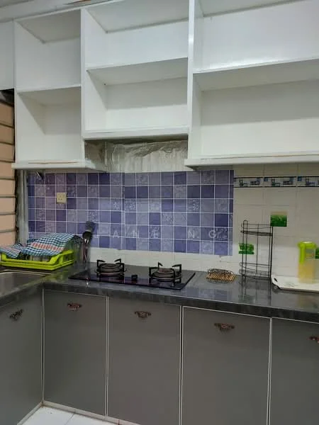 Kitchen features: grey laminate cabinetry, white countertop, blue tiled backsplash, two-burner gas hob, open shelving above countertop, green dish rack, white sink, wall-mounted kitchen accessories; style: modern.
