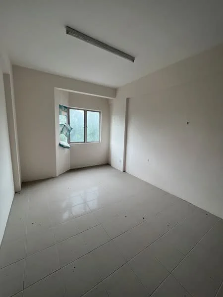 Room features: white painted walls, plain ceiling, window with view, tile flooring, single light fixture, corner window, empty space; style: minimalist.