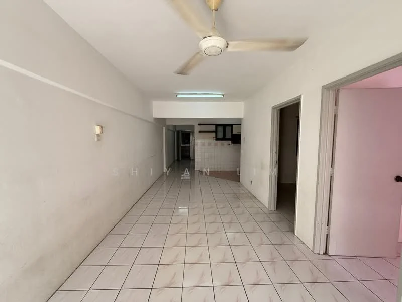 Room features: white painted walls, white tiled flooring, ceiling fan, doorway to adjacent rooms, light fixture on wall, open layout, neutral color scheme, no visible furniture; style: minimalist.