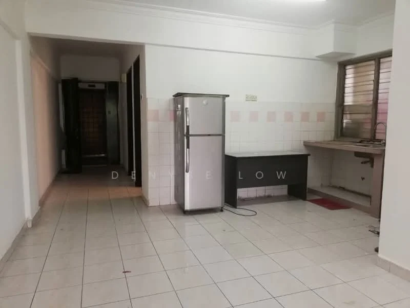 Room features: white painted walls, tile flooring, stainless-steel fridge, kitchen countertop, sink, elevator access visible, open layout, window with metal grilles.