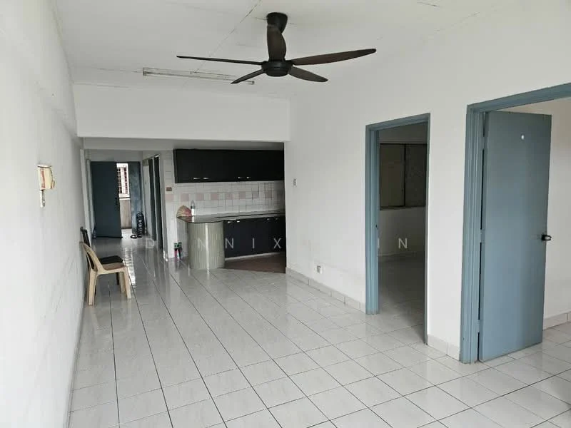 Living features: white painted walls, tiled flooring, 5-blade ceiling fan, open layout, doorway to kitchen, doorway to hallway, natural light from windows. Kitchen features: black cabinetry, white tiled backsplash, countertop, sink, stove, kitchen appliances visible. Room features: doorway leading to another room, window, neutral wall color.