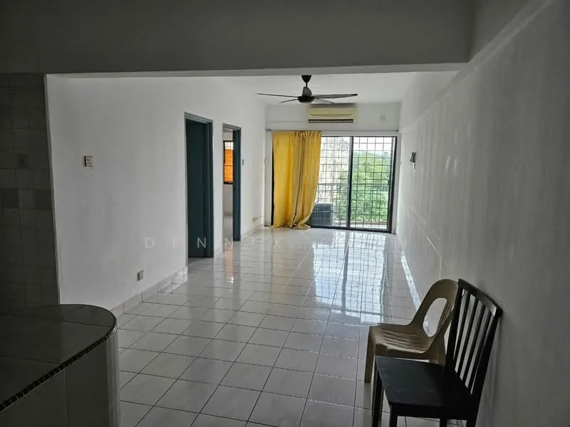 Living features: white painted walls, glossy white tile flooring, 5-blade ceiling fan, floor-to-ceiling windows, yellow sheer curtains, sliding glass door, natural light, open layout, one chair; style: modern; view: garden.