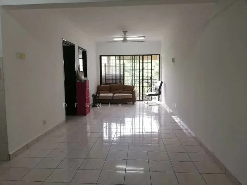 Living features: white painted walls, glossy white tile flooring, 5-blade ceiling fan with light, large windows with sheer curtains, brown fabric sofa, black dining chair, red storage cabinet, natural light from windows; style: modern; view: garden.