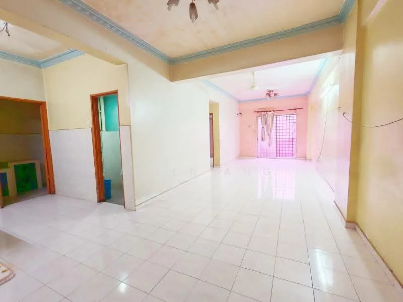 Room features: white painted walls, cream tiled flooring, ceiling with light fixtures, sliding glass door, window with curtain, open layout, corner wall with blue trim, two doorways leading to other rooms; style: minimalist.