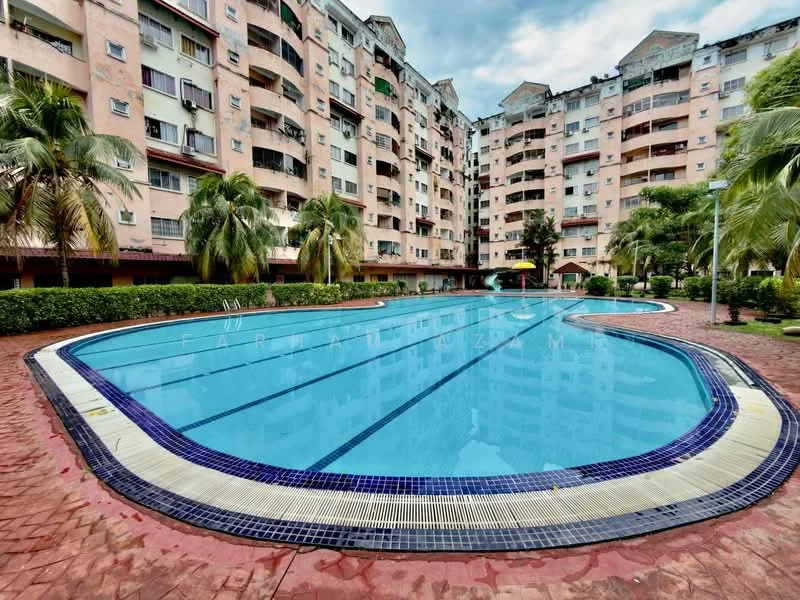 Exterior type: low-rise apartment block; features: swimming pool, landscaped garden, palm trees, manicured lawn, surrounding residential buildings, pool deck with loungers, walking path around pool, outdoor seating area; style: modern.