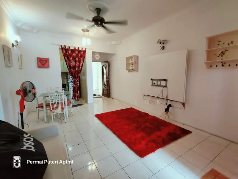 Living features: white painted walls, glossy tile flooring, 5-blade ceiling fan with light, red area rug, white wall-mounted TV unit, decorative wall shelves, dining table with white chairs, red curtains, wall-mounted decorative artwork, floor fan; style: modern.