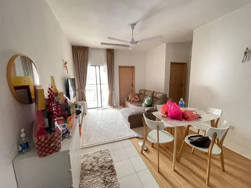 Living features: white painted walls, wood laminate flooring, 5-blade ceiling fan with light, sofa in beige, coffee table, TV console, wall-mounted TV, area rug, dining table with four chairs, large sliding glass door, curtains, decorative mirror, decorative wall art; style: modern; view: city.