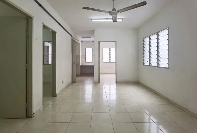 Room features: white painted walls, tile flooring, ceiling fan, multiple windows with louvered shutters, fluorescent ceiling light, open layout, neutral color scheme, corner room; style: minimalist.