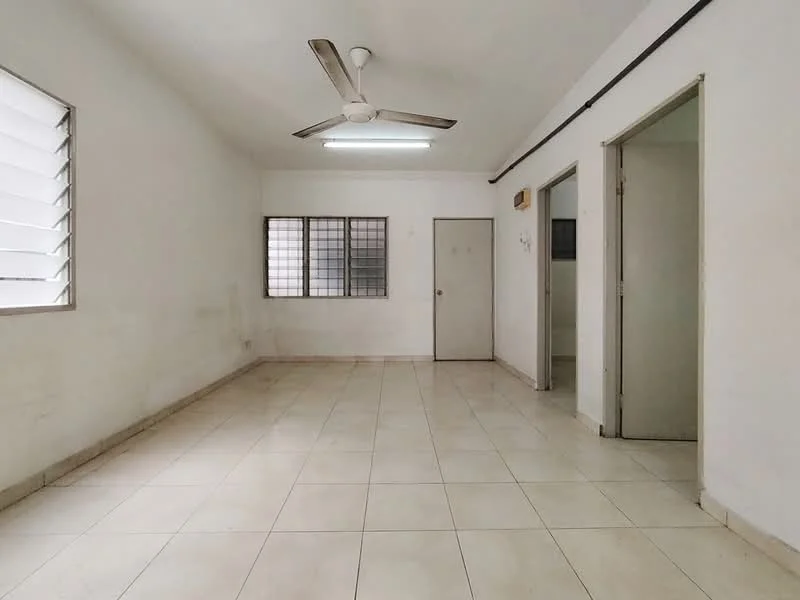 Living features: white painted walls, tile flooring, ceiling fan, two windows with horizontal slats, single door, doorway to adjacent rooms.