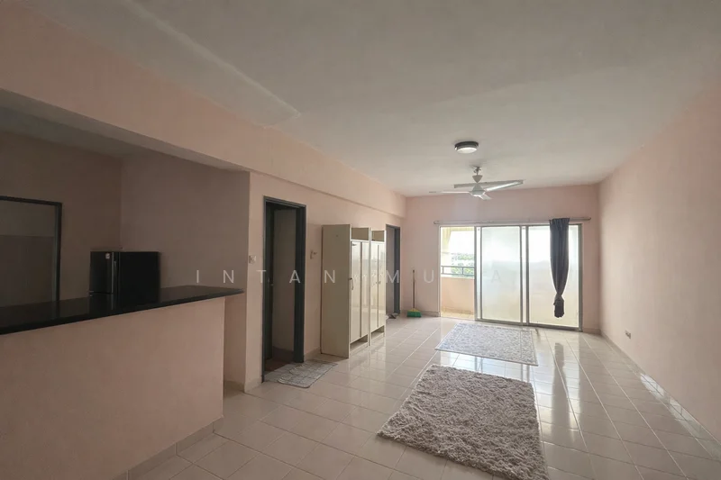 Living features: light pink painted walls, white tiled flooring, 5-blade ceiling fan with light, floor-to-ceiling windows, sliding glass door, sheer curtains, area rug with geometric pattern, black countertop, refrigerator, built-in cabinets; style: modern; view: city.