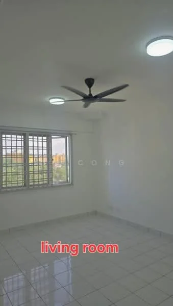 Living features: white painted walls, glossy white tile flooring, 5-blade ceiling fan with light, two ceiling lights, large windows with grid pattern, view of greenery outside; style: modern; view: garden.