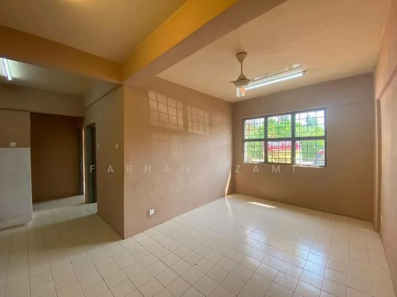 Room features: cream painted walls, white tiled flooring, ceiling fan, large window with grid pattern, natural light from window, corner of room visible, no visible furniture, plain ceiling; style: minimalist.