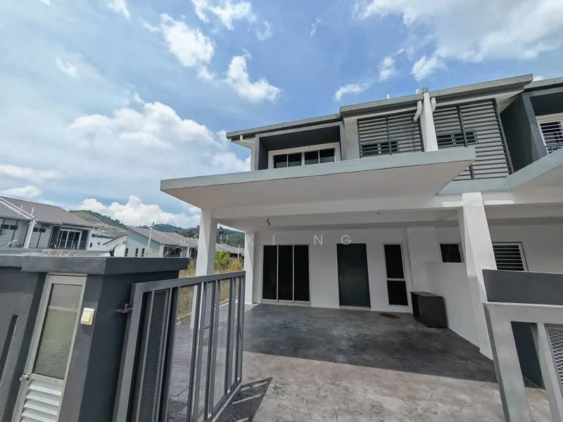 Exterior type: linked terrace house; features: grey painted facade, flat roof, double-storey, manicured lawn, paved walkway, large front porch, glass sliding doors, windows with horizontal slats, surrounded by greenery; style: modern.