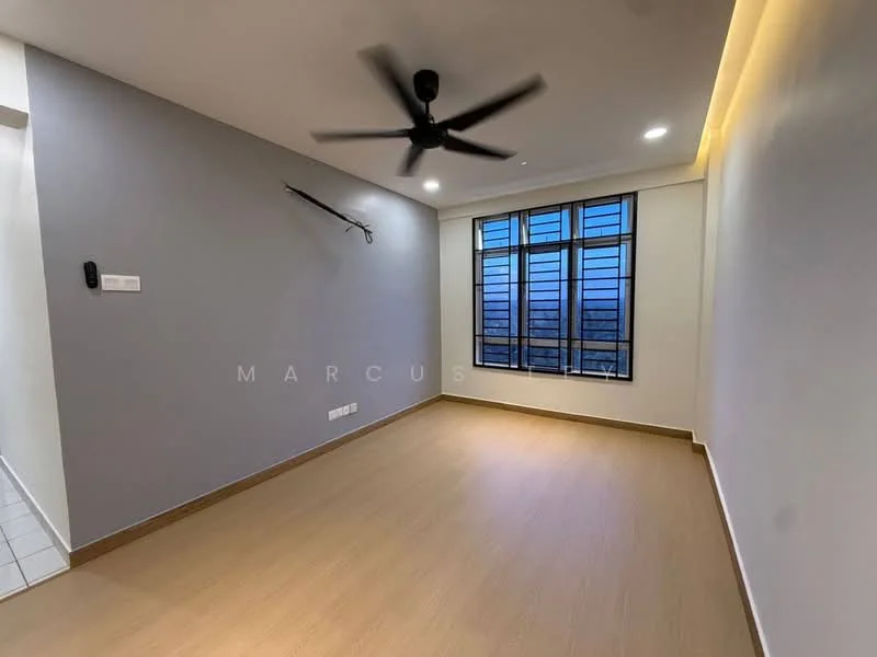 Room features: light wood laminate flooring, grey painted walls, black ceiling fan, recessed LED downlights, large windows with black frames, city view through windows, wall-mounted intercom, crown moulding; style: modern; view: city.